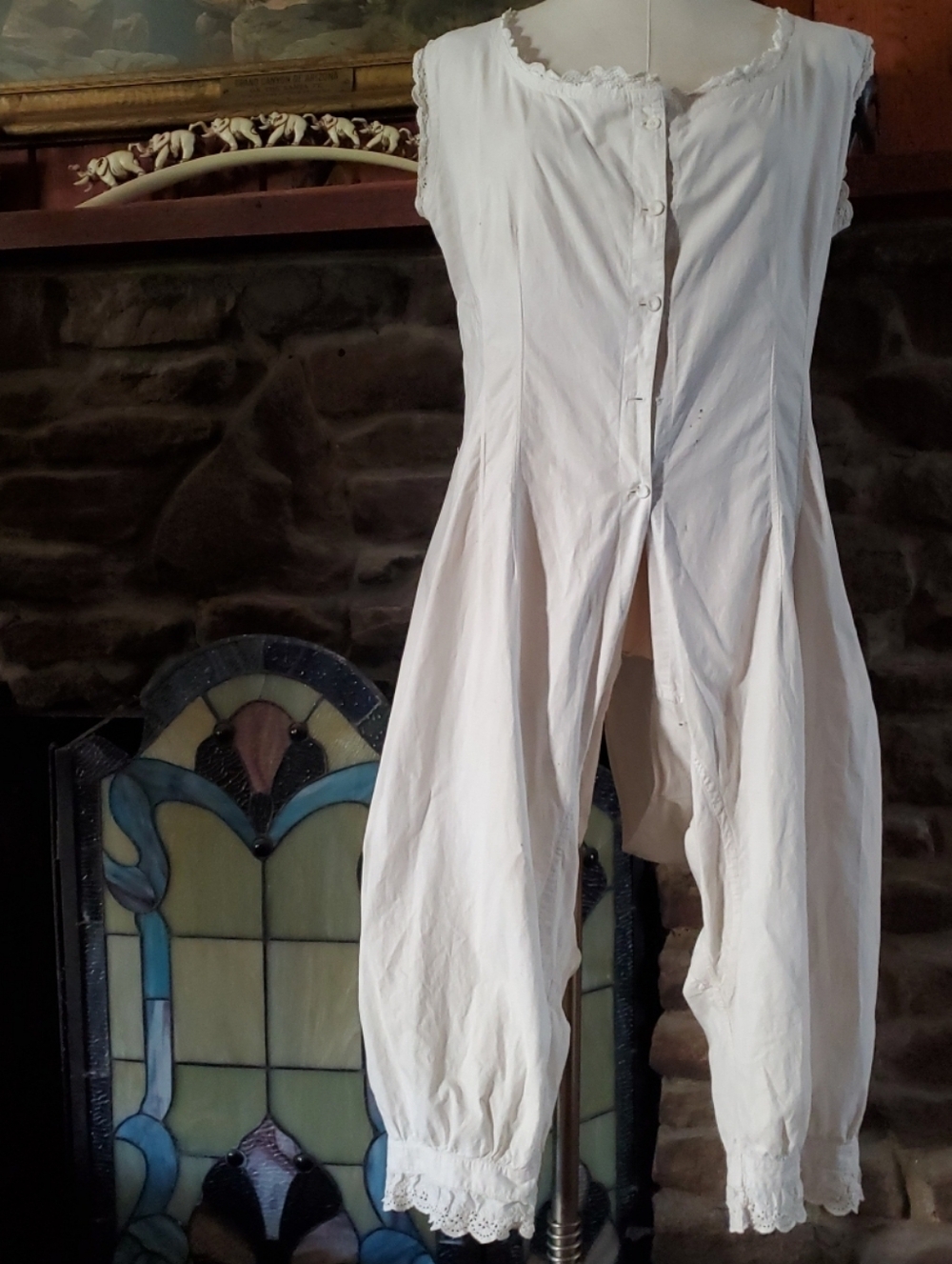 RARE Antique 1900 Womens Split Bloomers Romper Camiknicker White Cotton XS